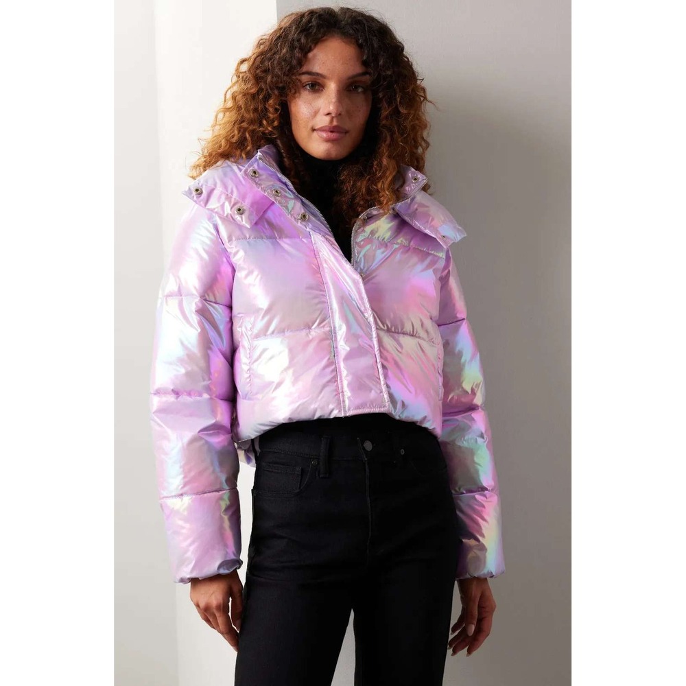Unreal Fur Fractals Puffer Jacket Lavender Purple Cropped Womens Sz M